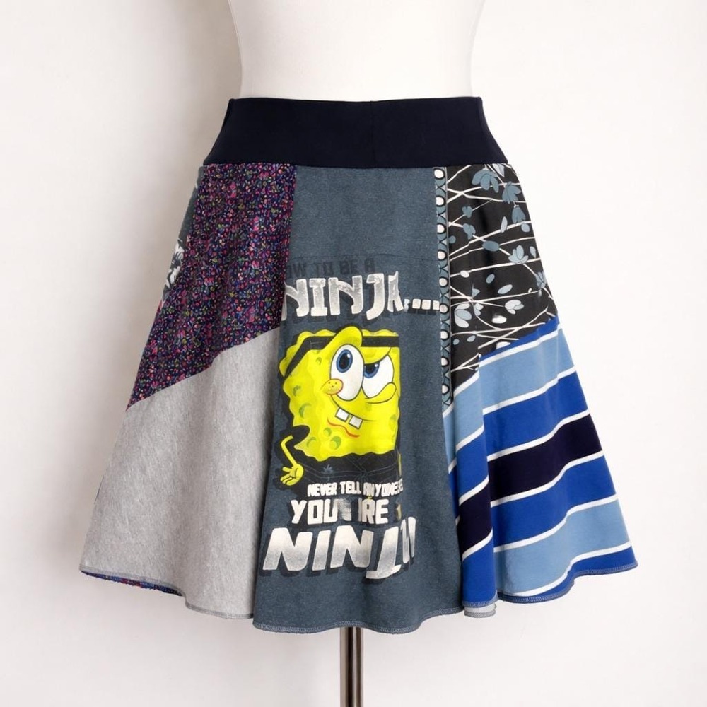 Upcycled‎ Patchwork Skirt One of a Kind SpongeBob Minecraft Ninja Artwear Boho